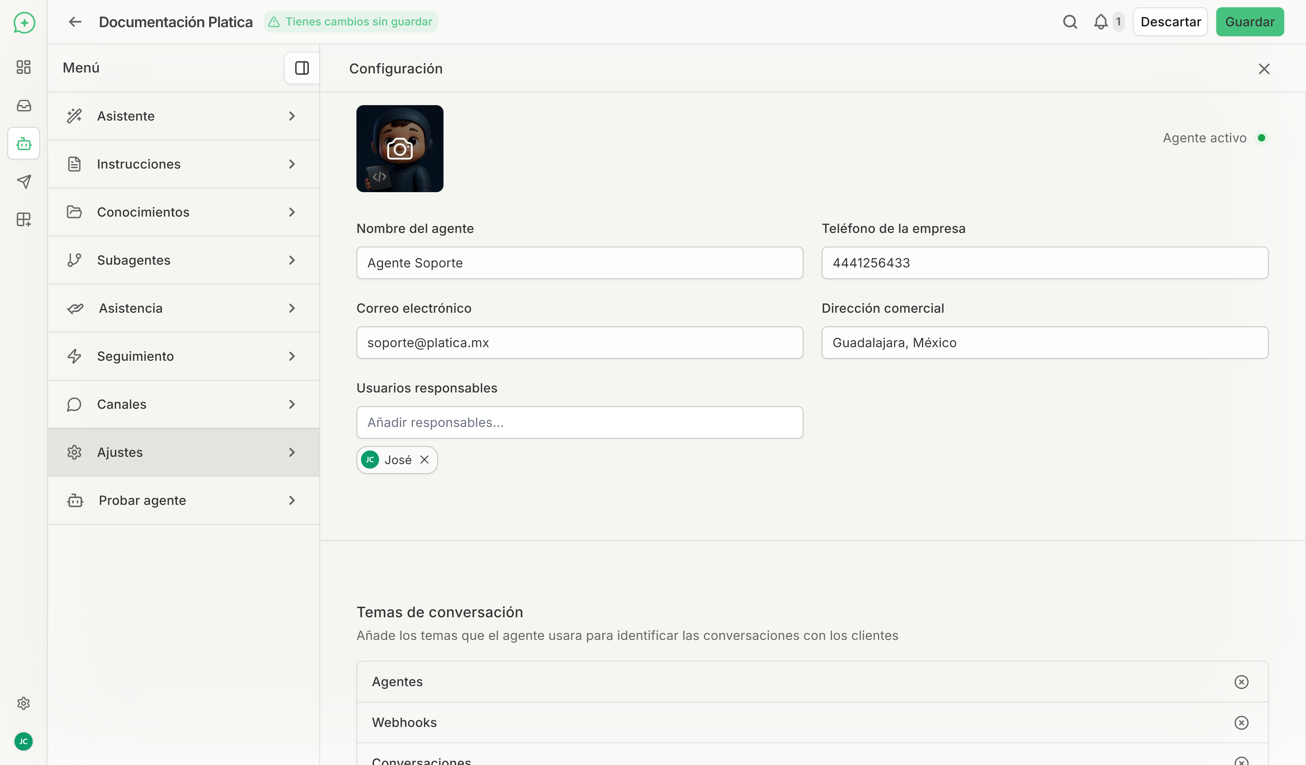 Panel de configuración de detalles del agente