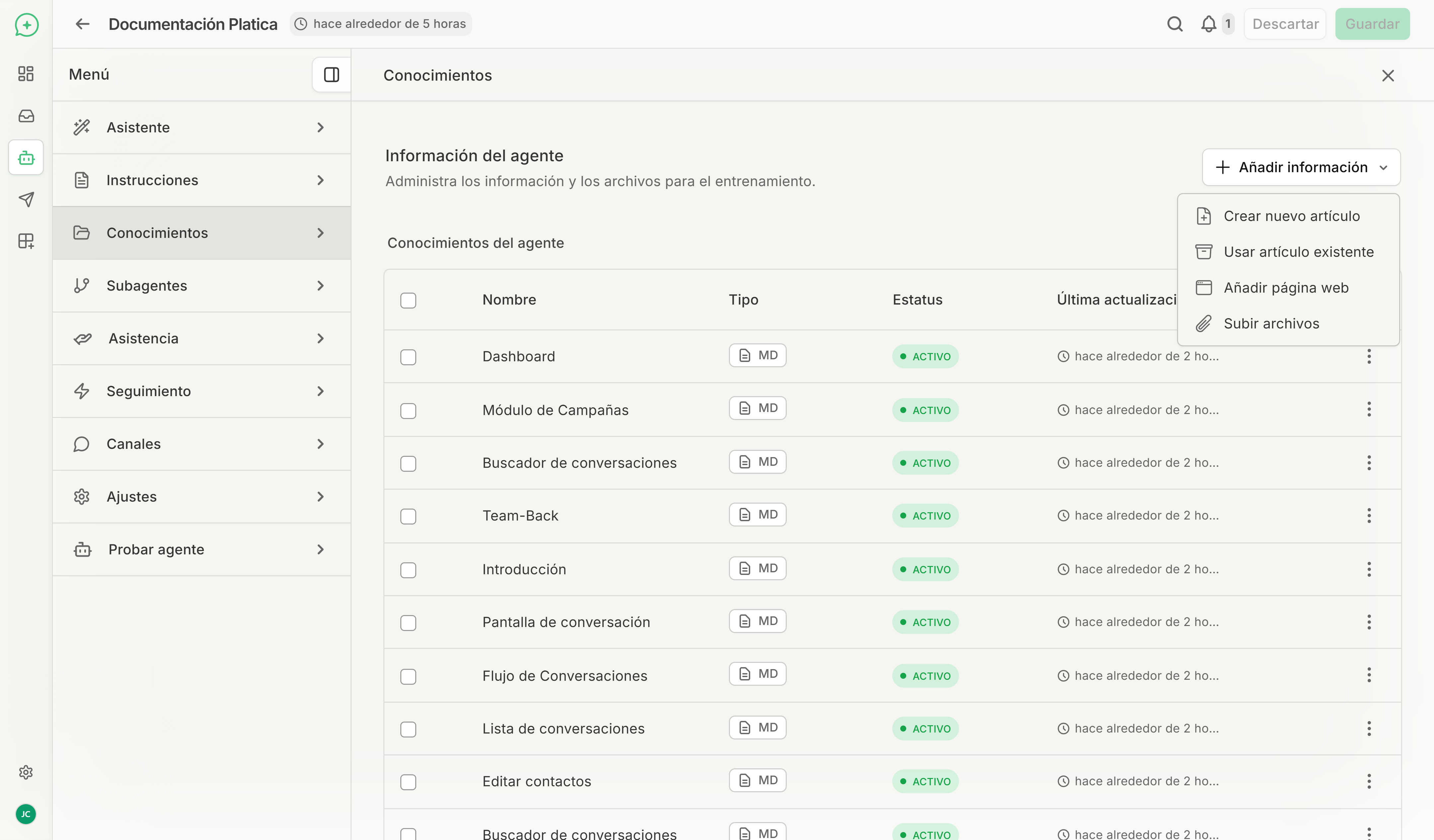 Panel de conocimientos mostrando la lista de archivos activos