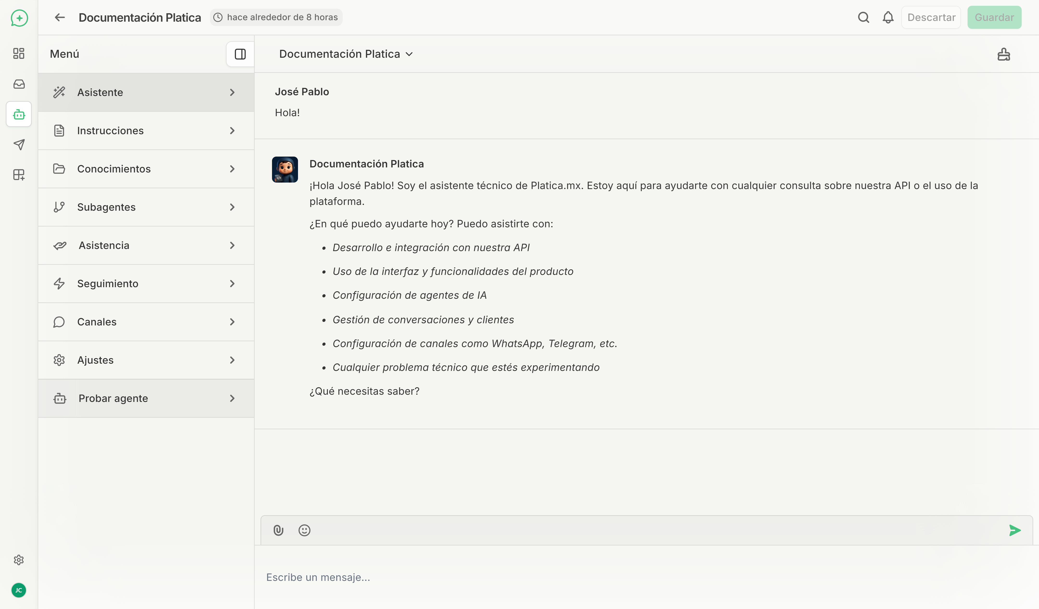 Panel de conocimientos mostrando la lista de archivos activos