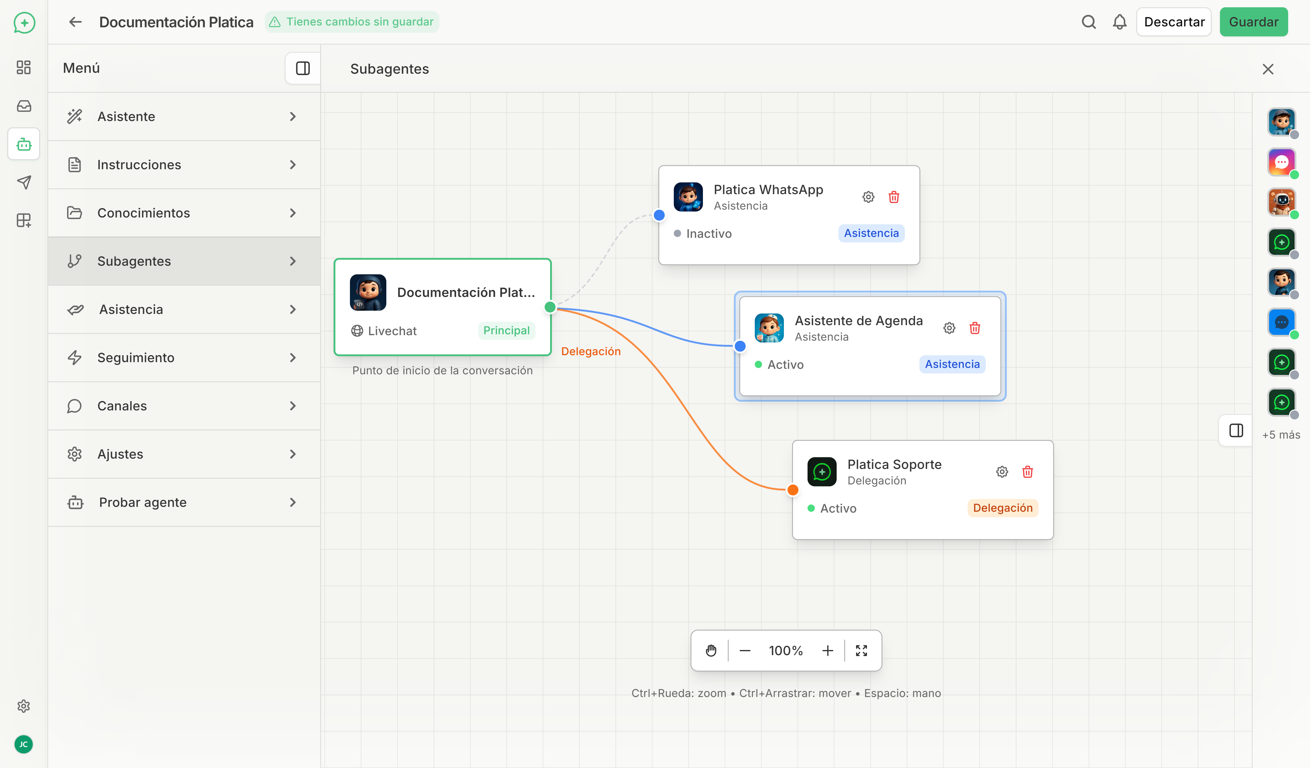 Interfaz de orquestación de subagentes mostrando el lienzo de conexión