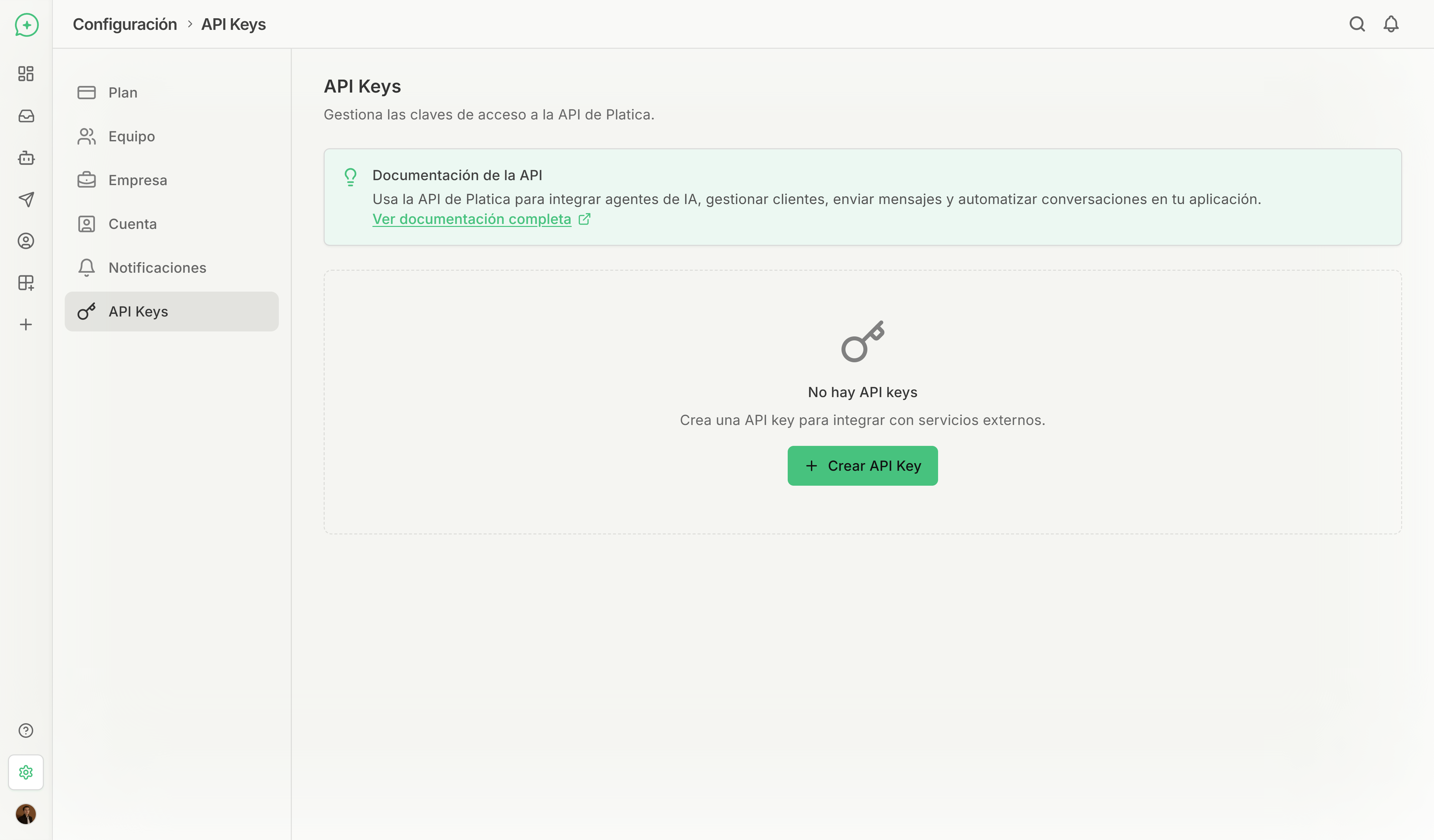 Sección de API Keys en el dashboard de Platica