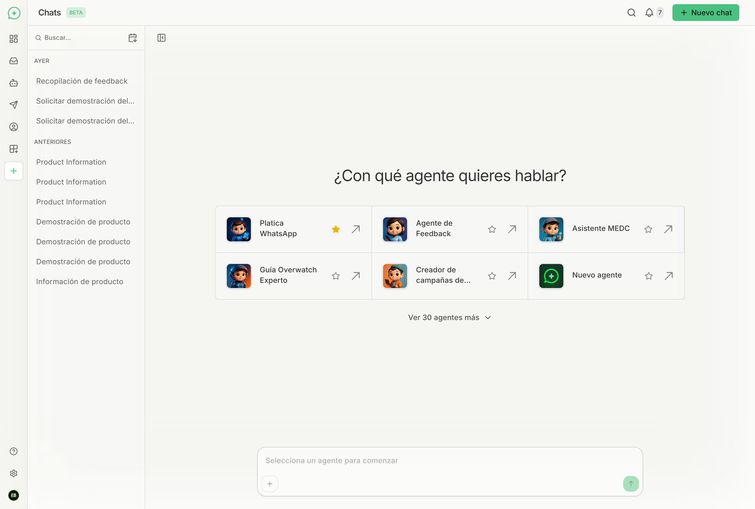 Vista general de la interfaz de Chats mostrando el historial, área de conversación y panel derecho