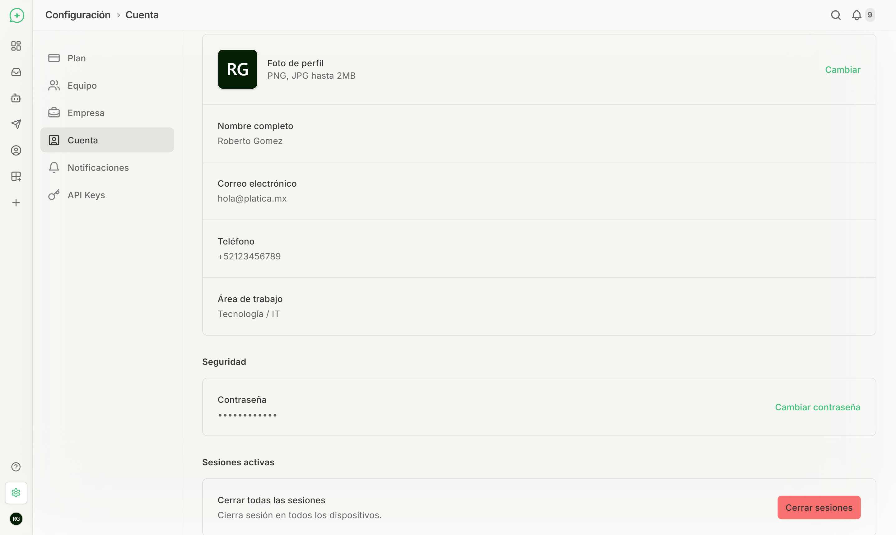 Vista de la sección Cuenta mostrando los campos de perfil, seguridad y sesiones activas