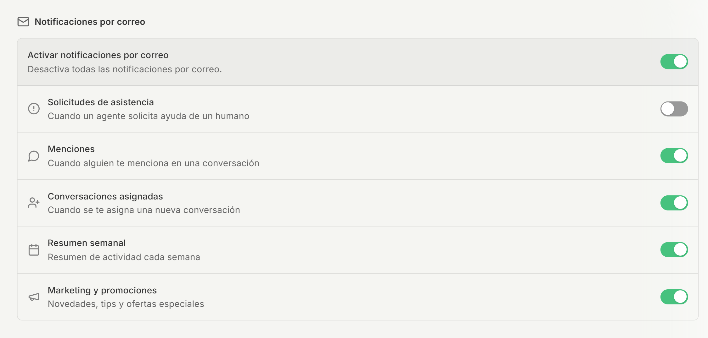 Seccion de notificaciones por correo mostrando el interruptor principal y las opciones individuales de cada tipo de alerta