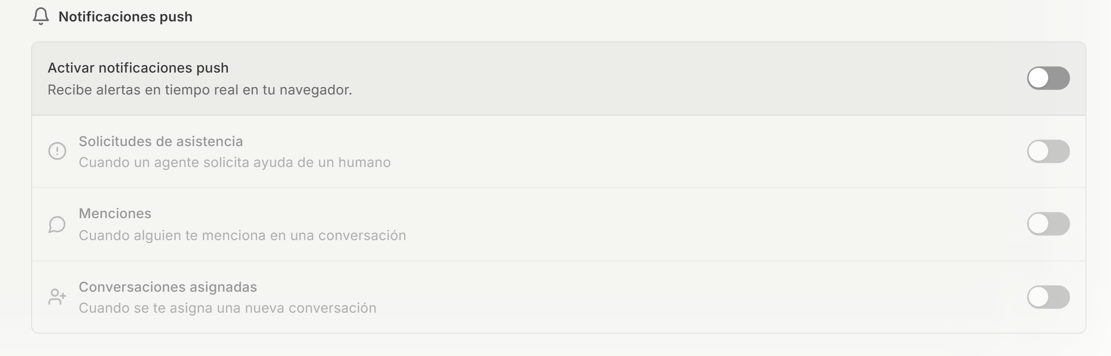 Seccion de notificaciones por WhatsApp y push con sus respectivos interruptores y tipos de alerta disponibles