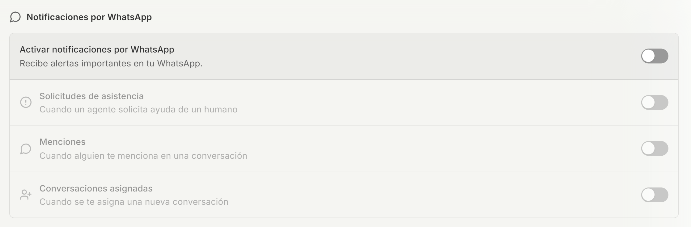 Seccion de notificaciones por WhatsApp y push con sus respectivos interruptores y tipos de alerta disponibles