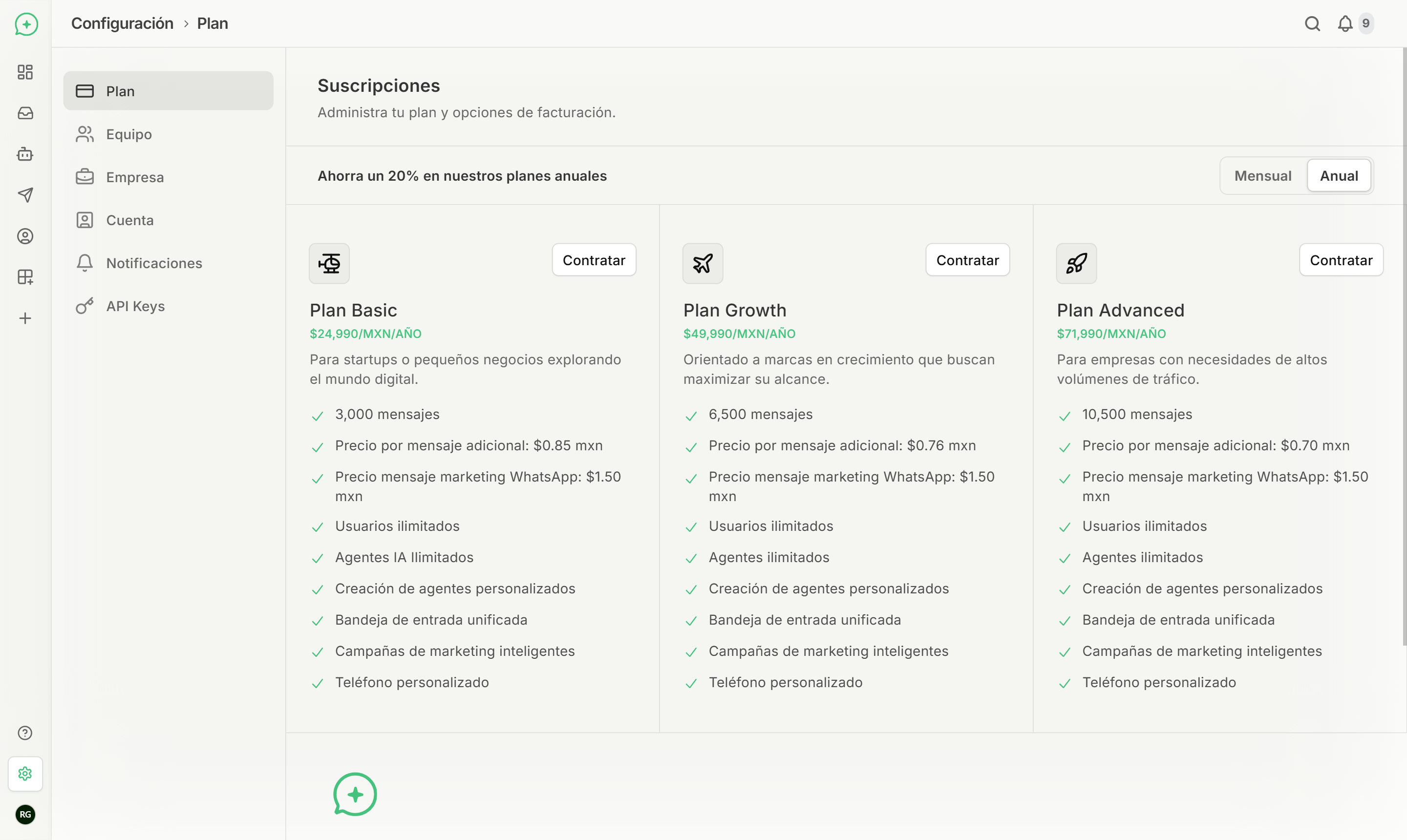 Vista de los tres planes de suscripción en modalidad anual con el ahorro del 20% aplicado