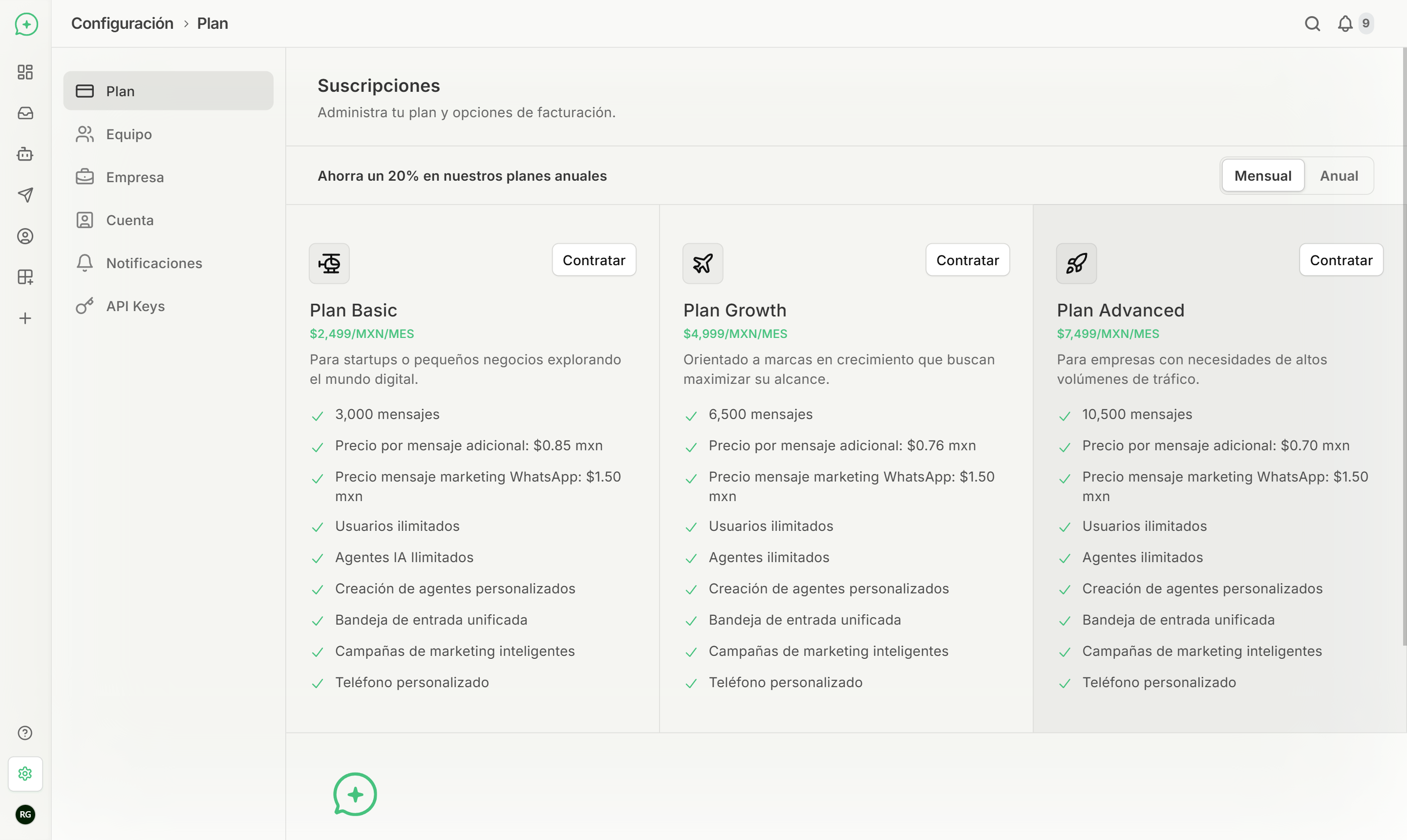 Vista de los tres planes de suscripción en modalidad mensual con sus precios y características incluidas