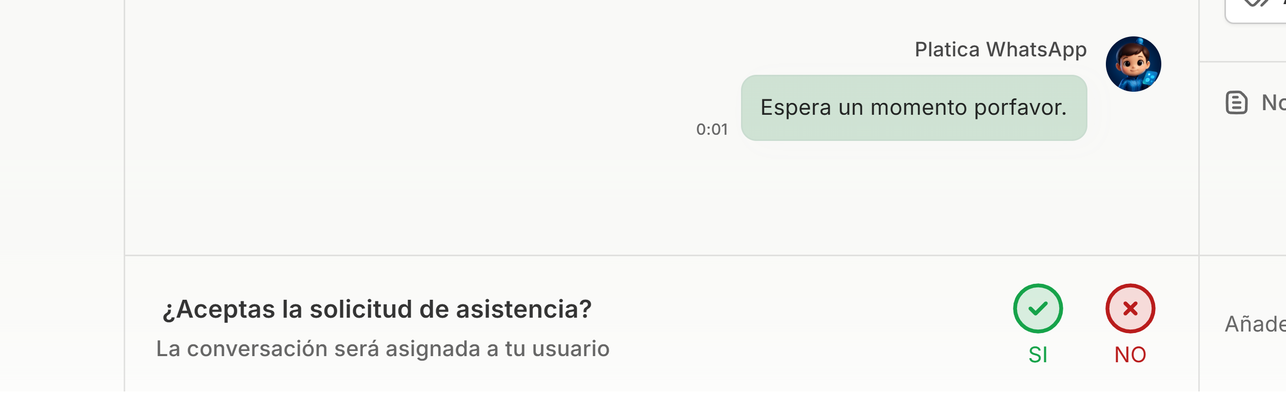 Ventana de confirmación para tomar el control de la conversación