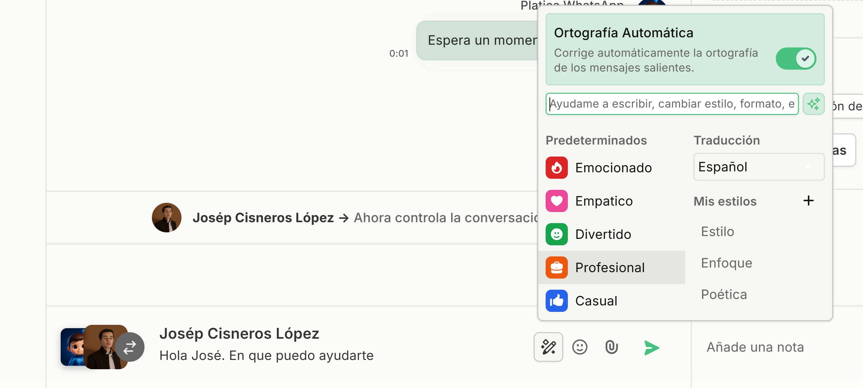 Campo de texto con selector de tonos y botón de envío
