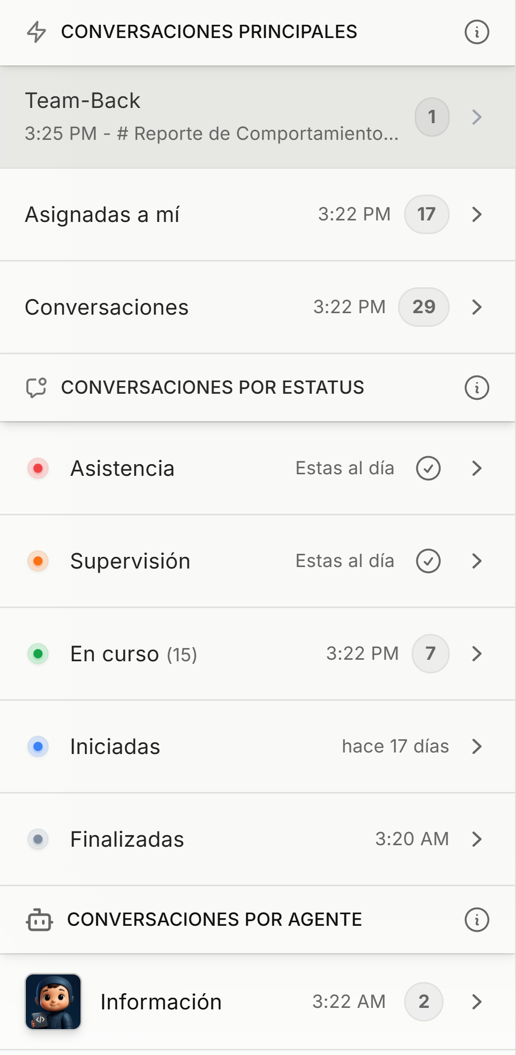 Panel lateral de navegación desplegado mostrando las 5 secciones principales