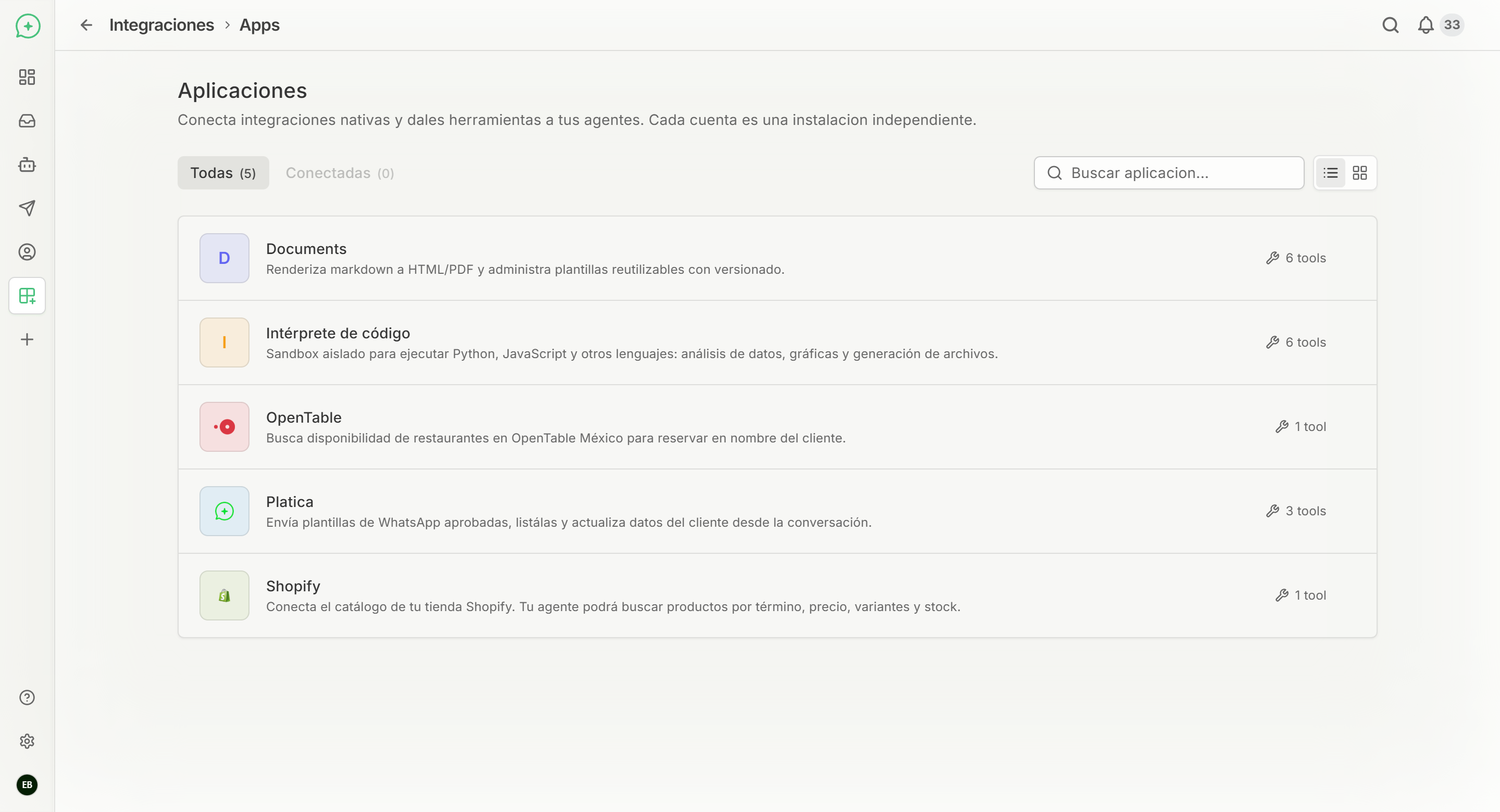 Pantalla de Aplicaciones mostrando las apps nativas disponibles: Documents, Intérprete de código, OpenTable, Platica y Shopify