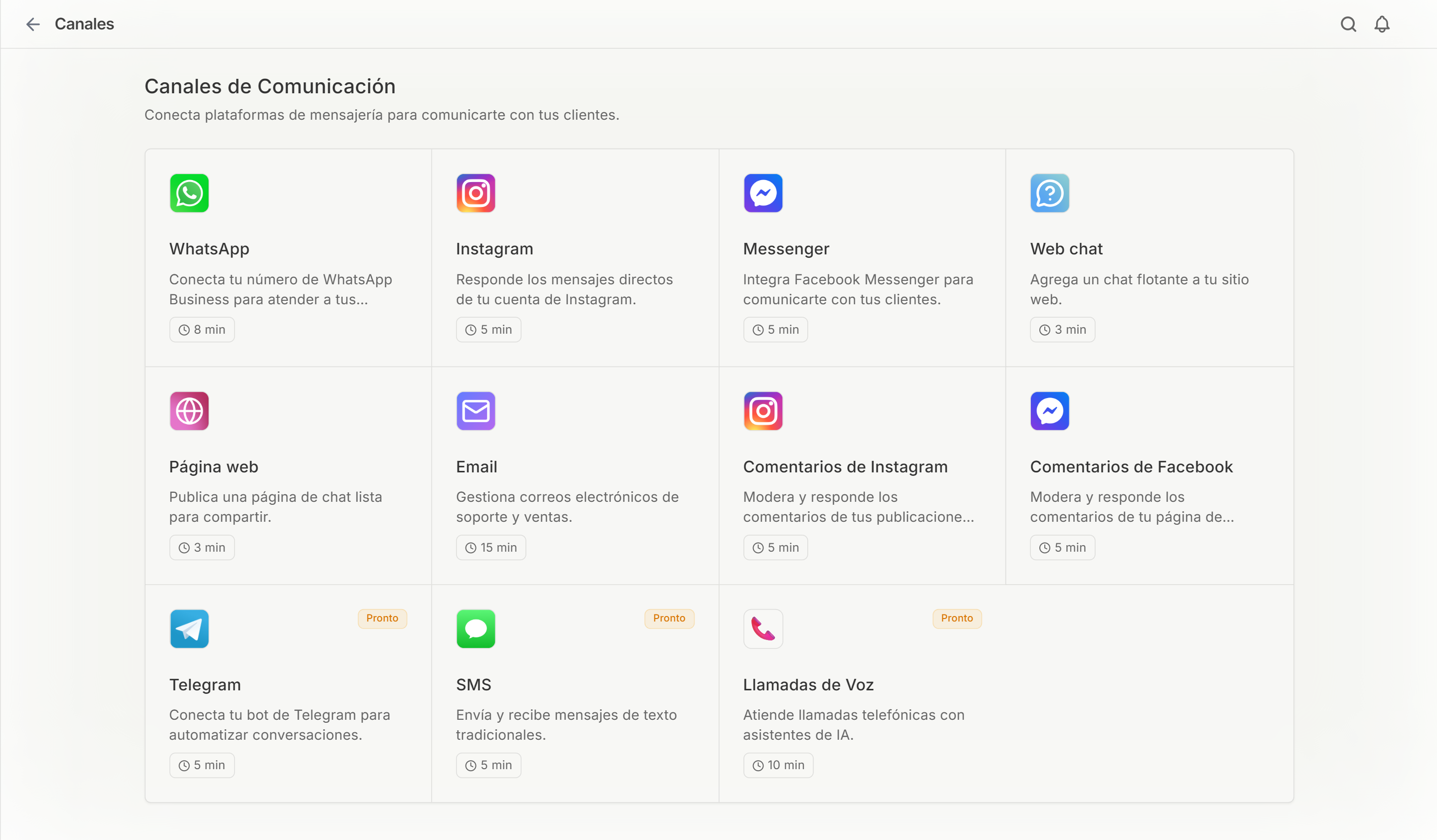 Pantalla de Integraciones → Canales con las tarjetas de comentarios de Instagram y Facebook