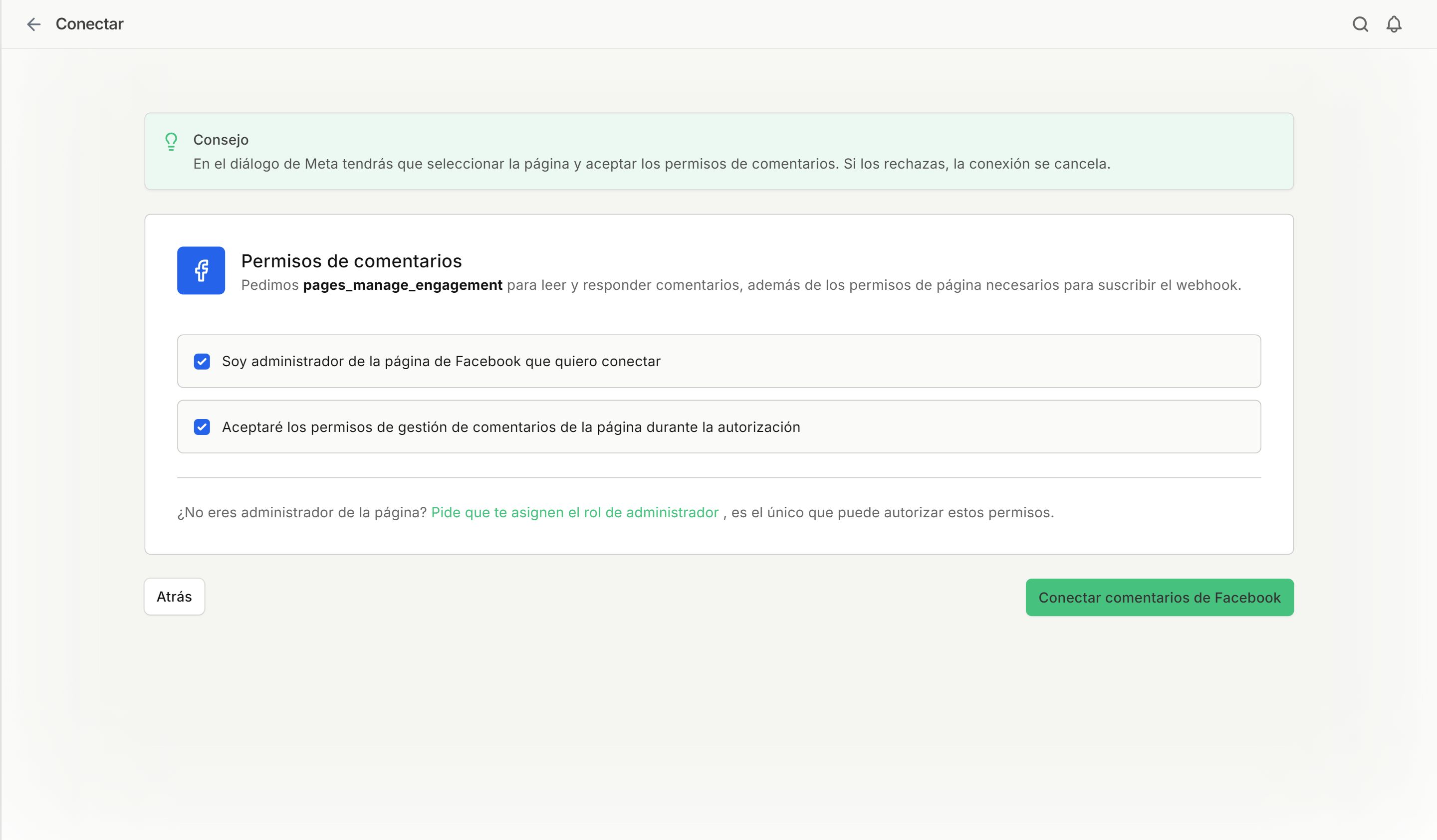 Pantalla de confirmación de requisitos y permisos de comentarios de Facebook