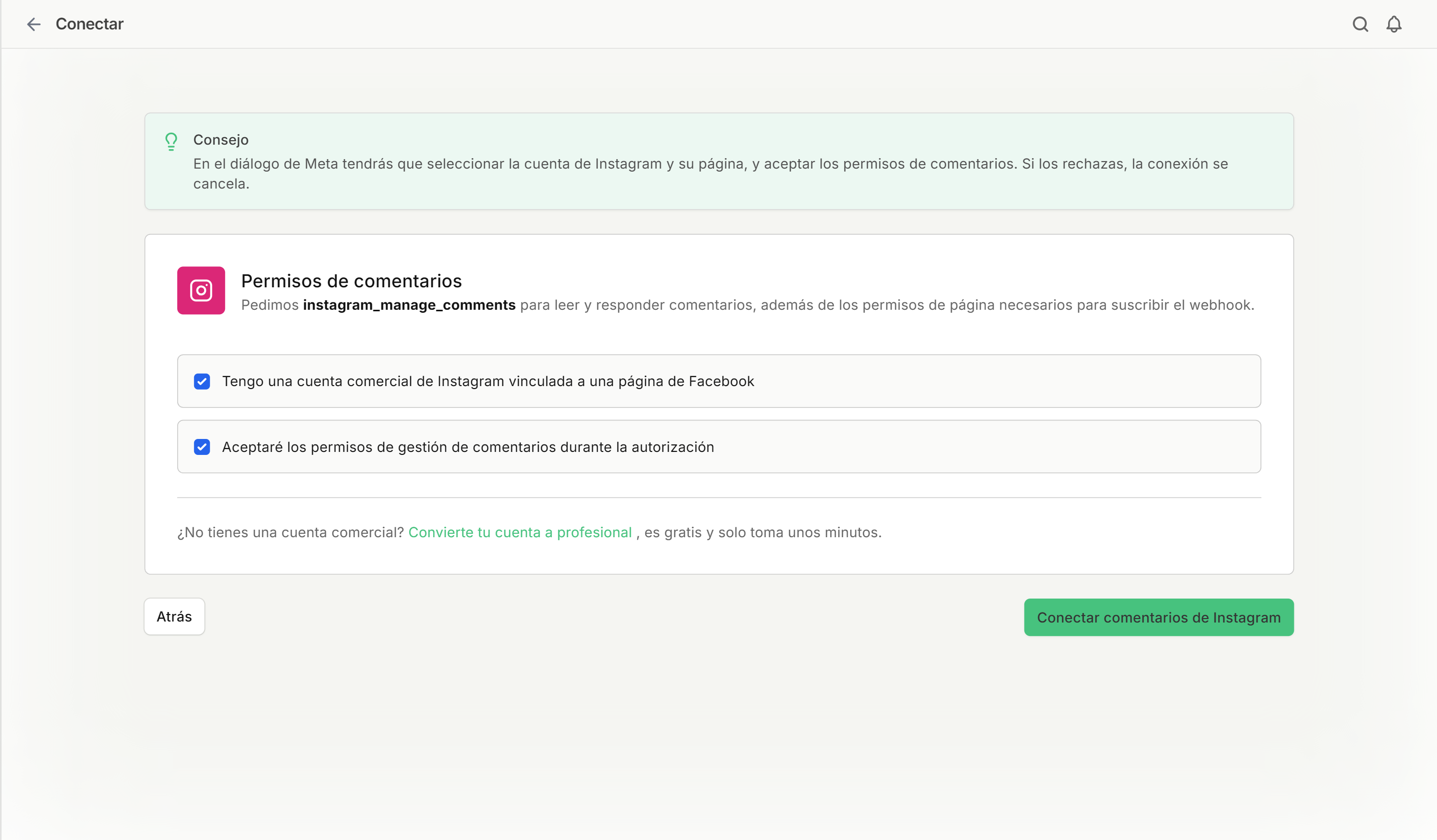 Pantalla de confirmación de requisitos y permisos de comentarios de Instagram