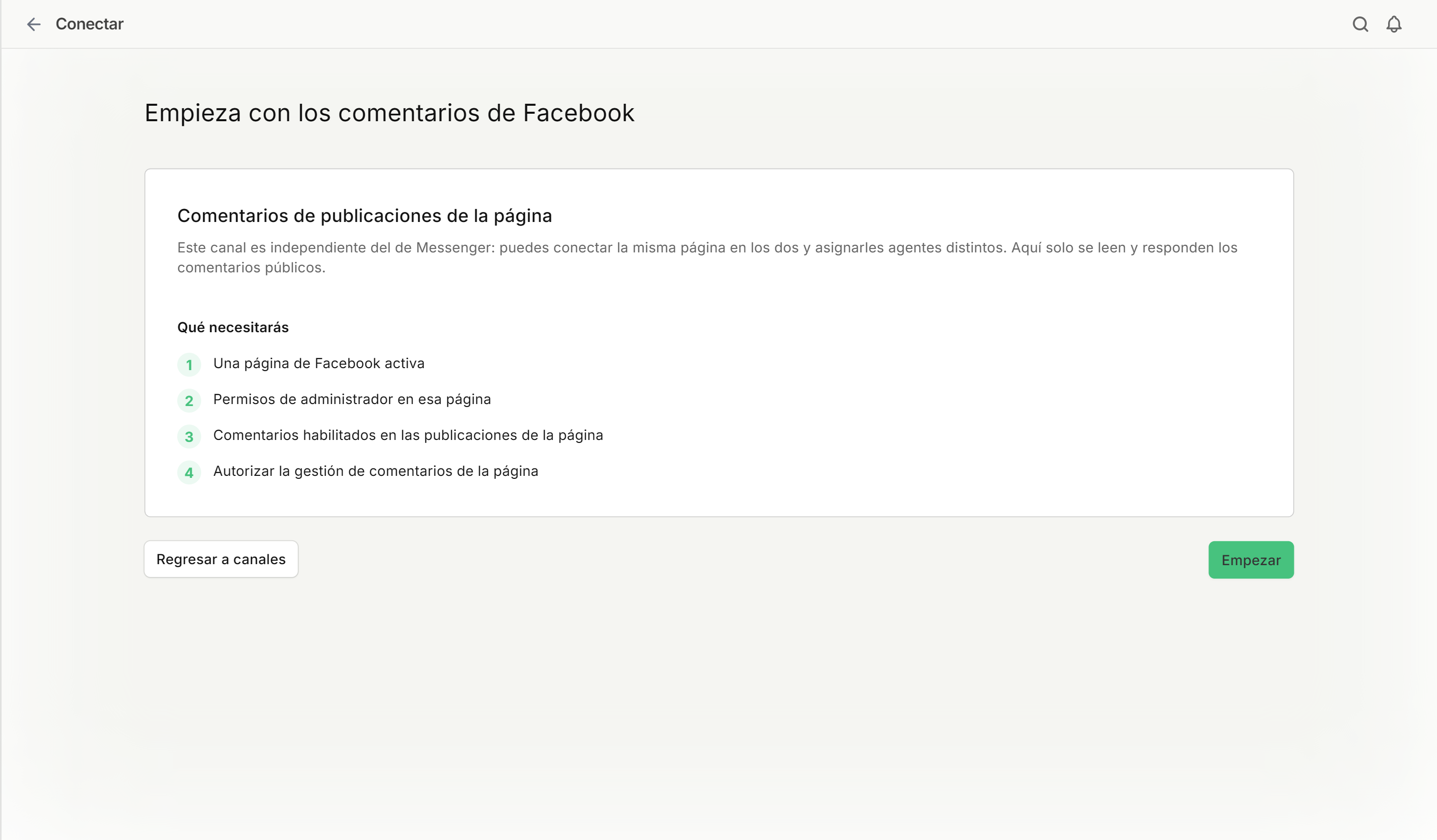 Pantalla inicial con el resumen del canal de comentarios de Facebook y los cuatro requisitos