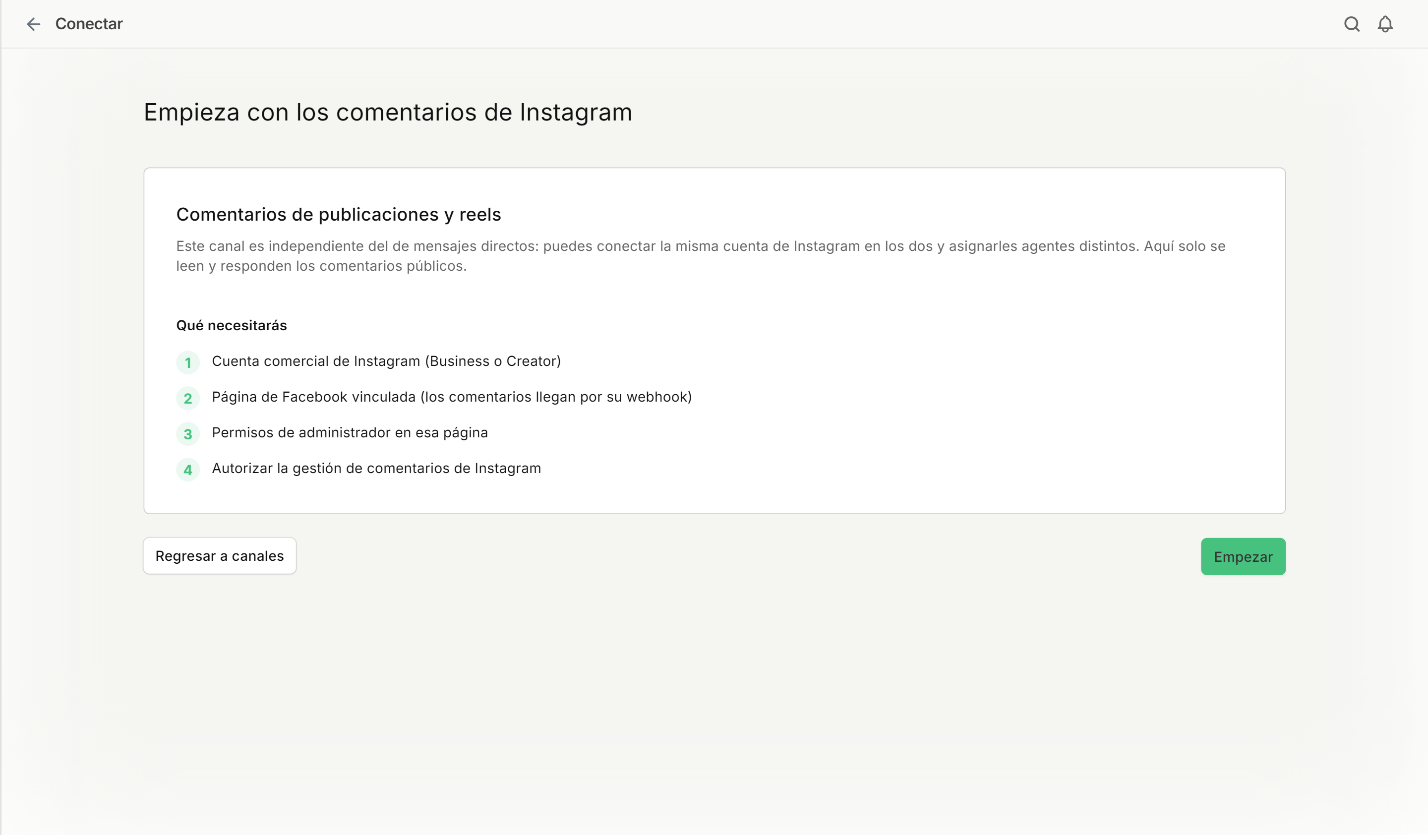 Pantalla inicial con el resumen del canal de comentarios de Instagram y los cuatro requisitos