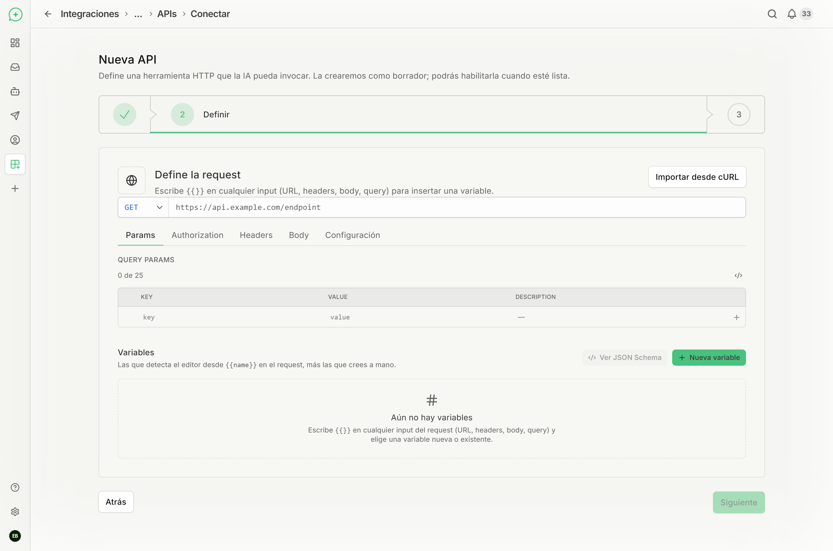 Paso 2 del asistente: método, URL y pestañas Params, Authorization, Headers, Body y Configuración