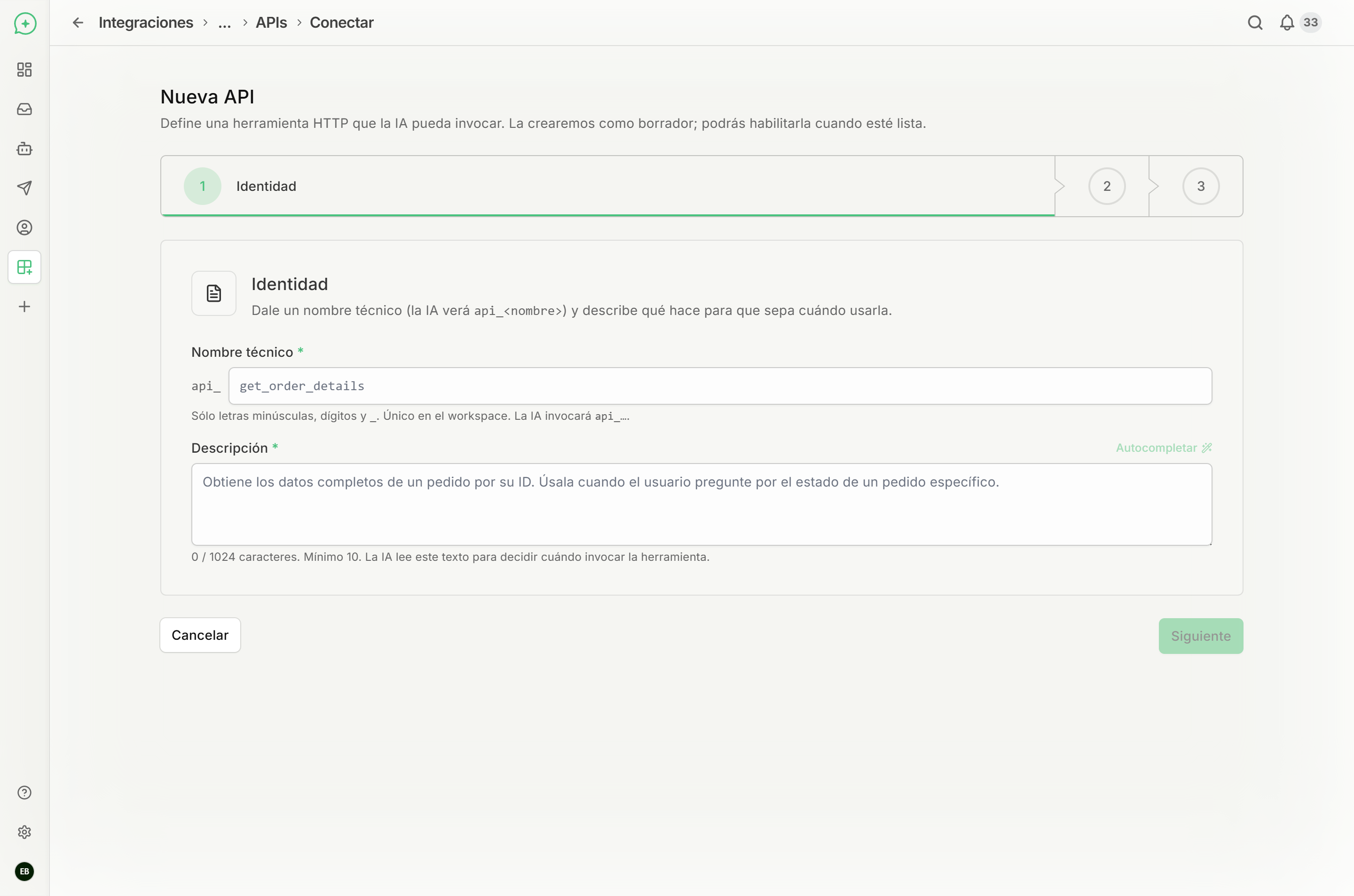 Paso 1 del asistente Nueva API: campos de nombre técnico y descripción