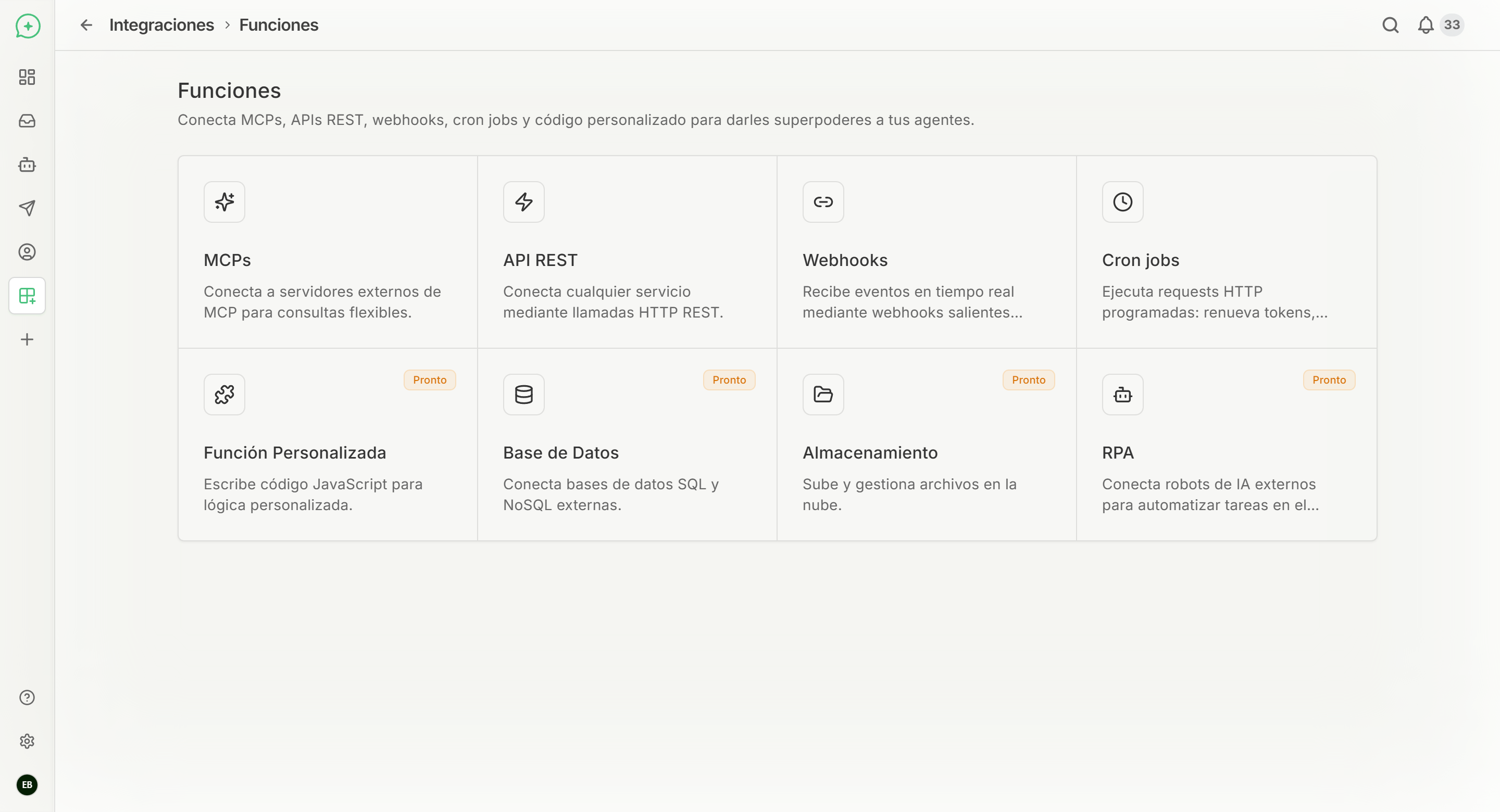 Catálogo de Funciones en Platica mostrando los bloques MCPs, API REST, Webhooks y Cron jobs