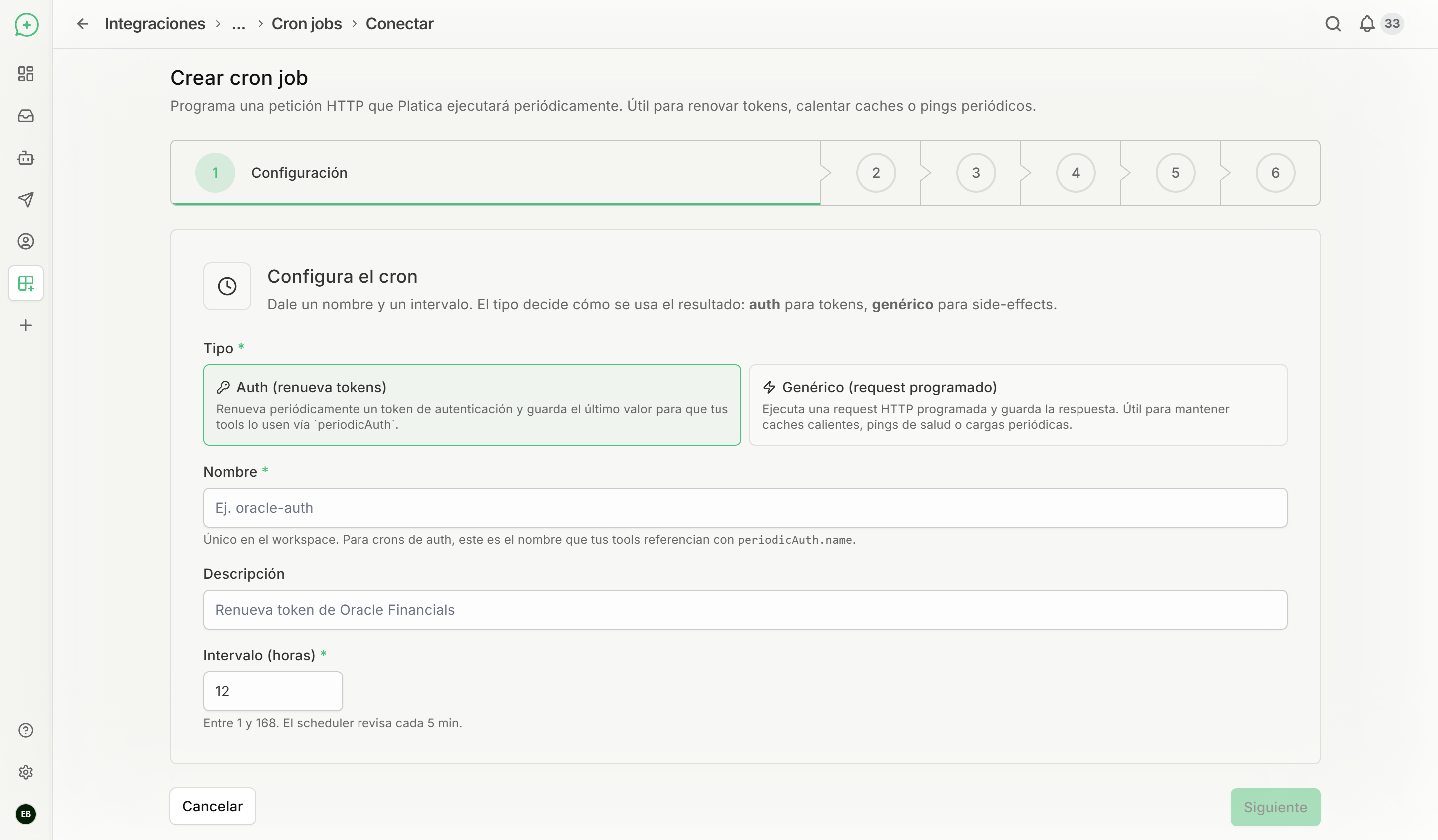 Paso 1 del asistente: configuración del cron con tipo, nombre, descripción e intervalo