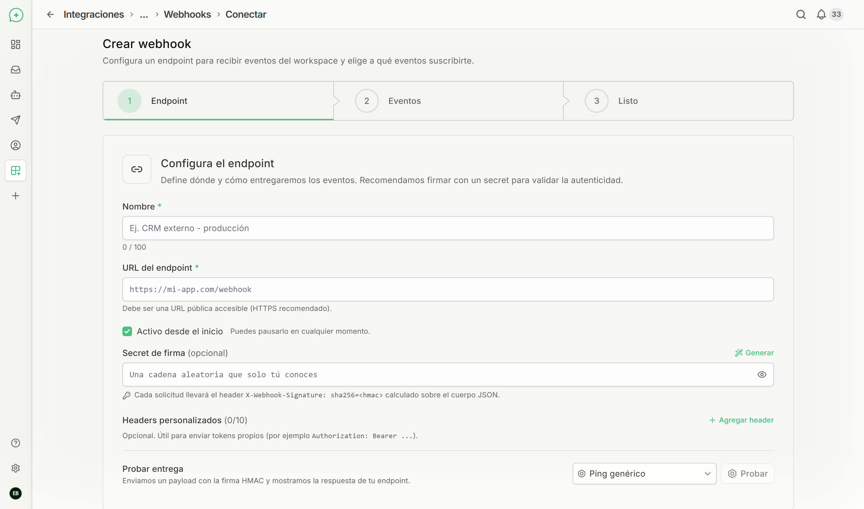 Paso 1 del asistente: configuración del endpoint con nombre, URL, secret de firma y headers