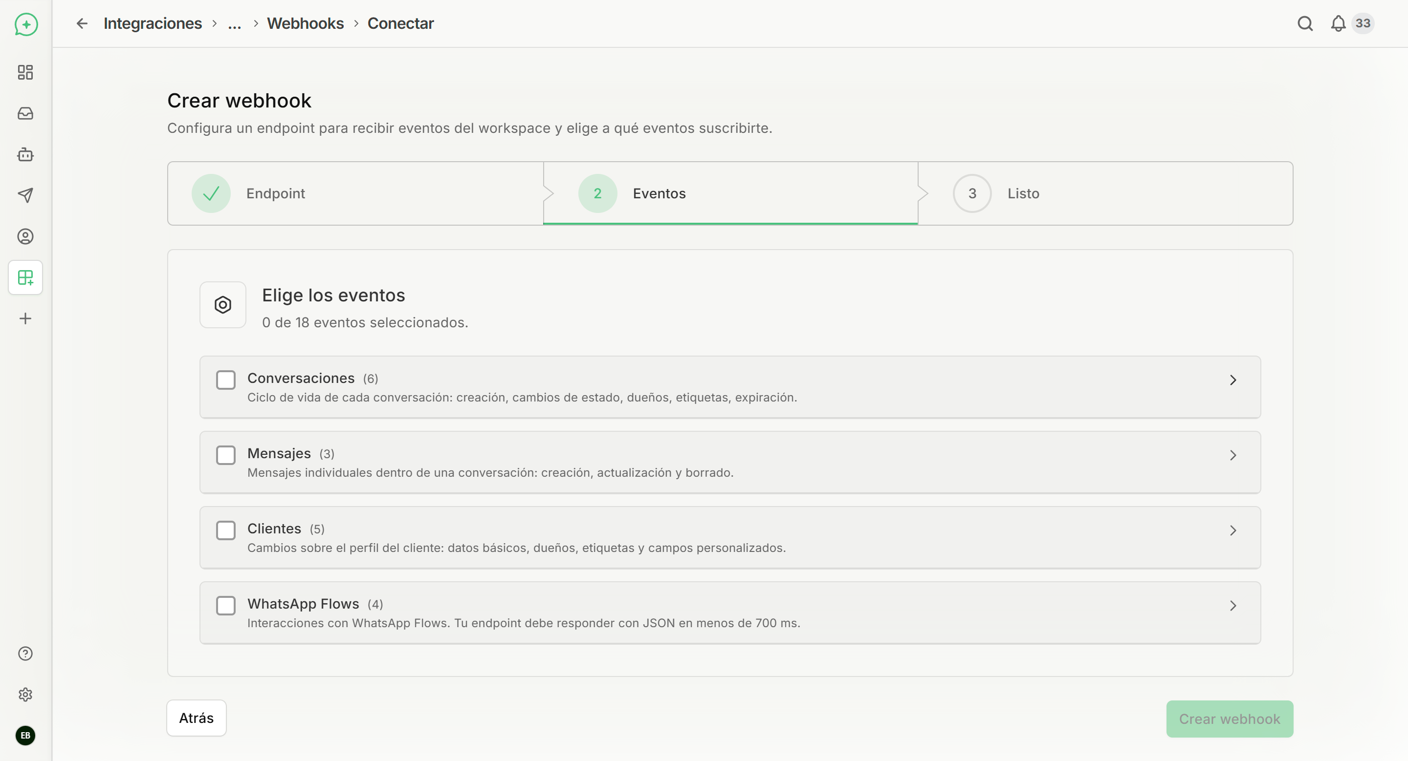 Paso 2 del asistente: lista de eventos agrupados por categoría