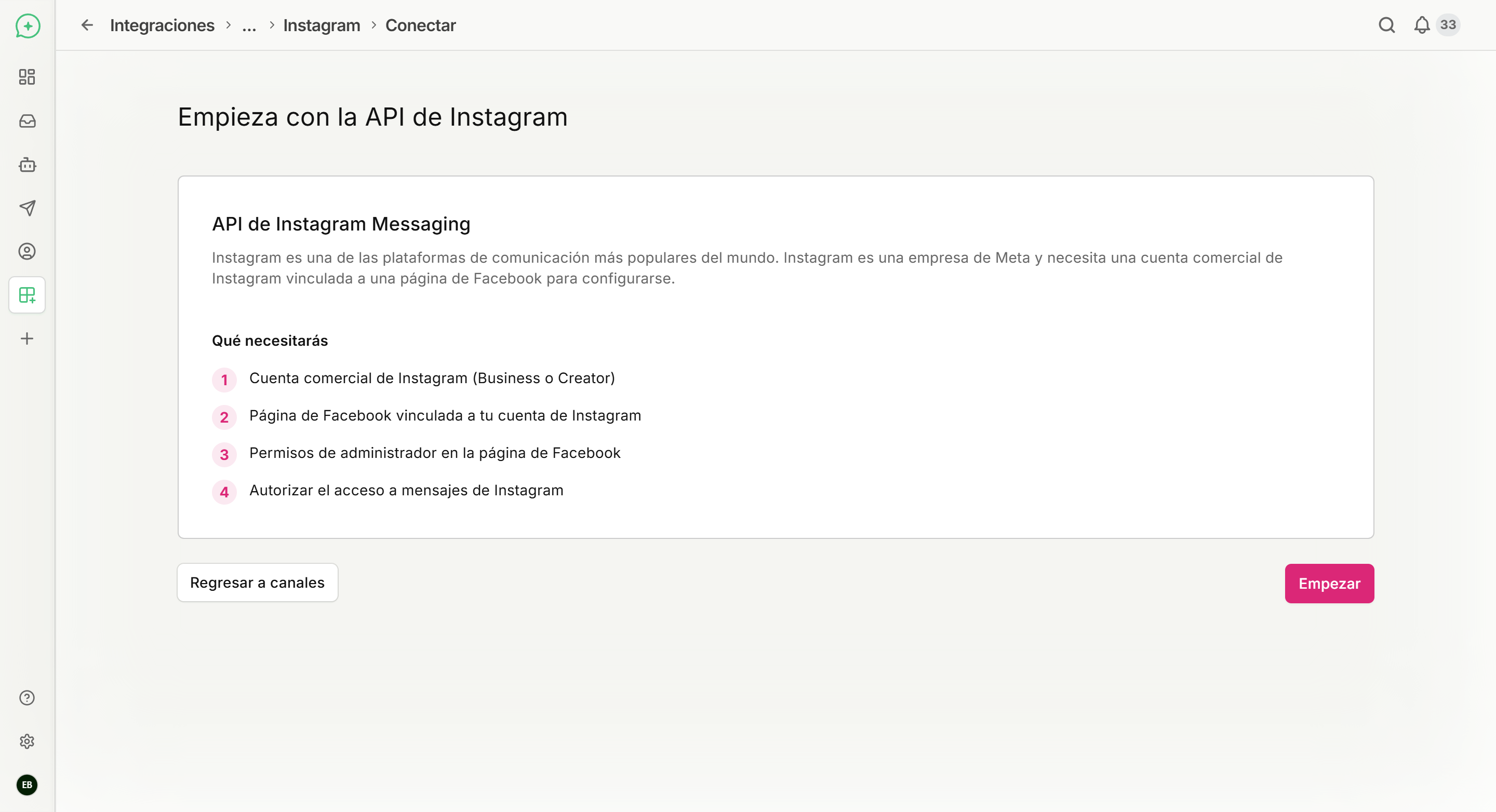 Pantalla informativa sobre la API de Instagram Messaging con la lista de cuatro requisitos