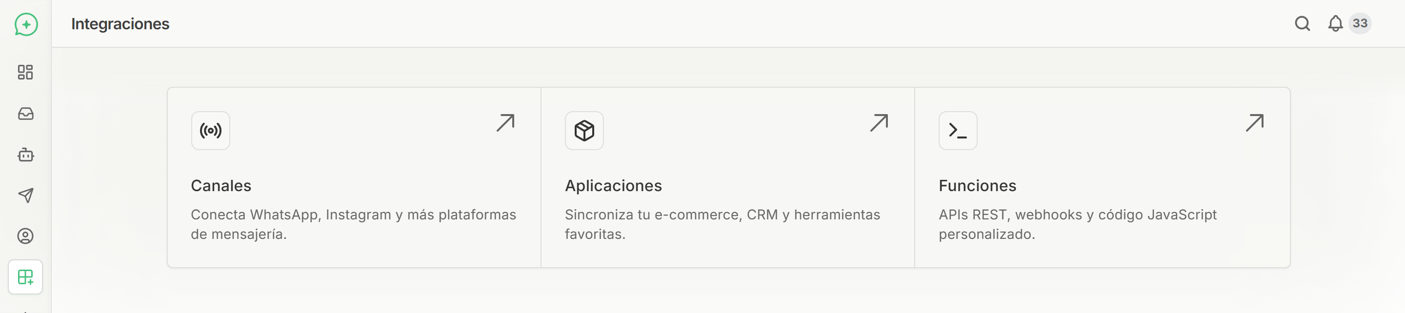 Página principal de Integraciones mostrando los tres bloques (Canales, Aplicaciones y Funciones) y el catálogo de canales disponibles
