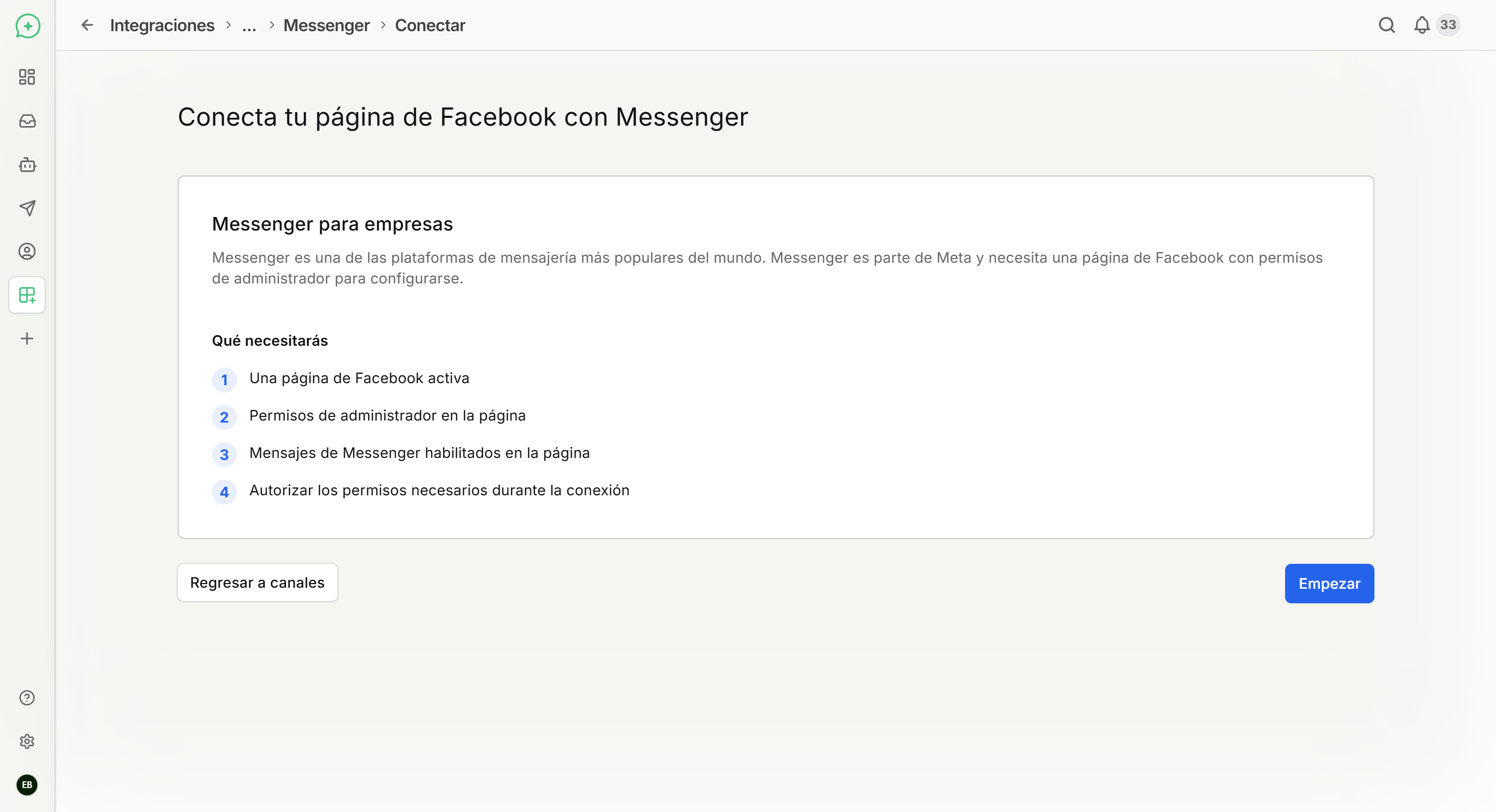 Pantalla informativa sobre la integración de Messenger para empresas con la lista de cuatro requisitos