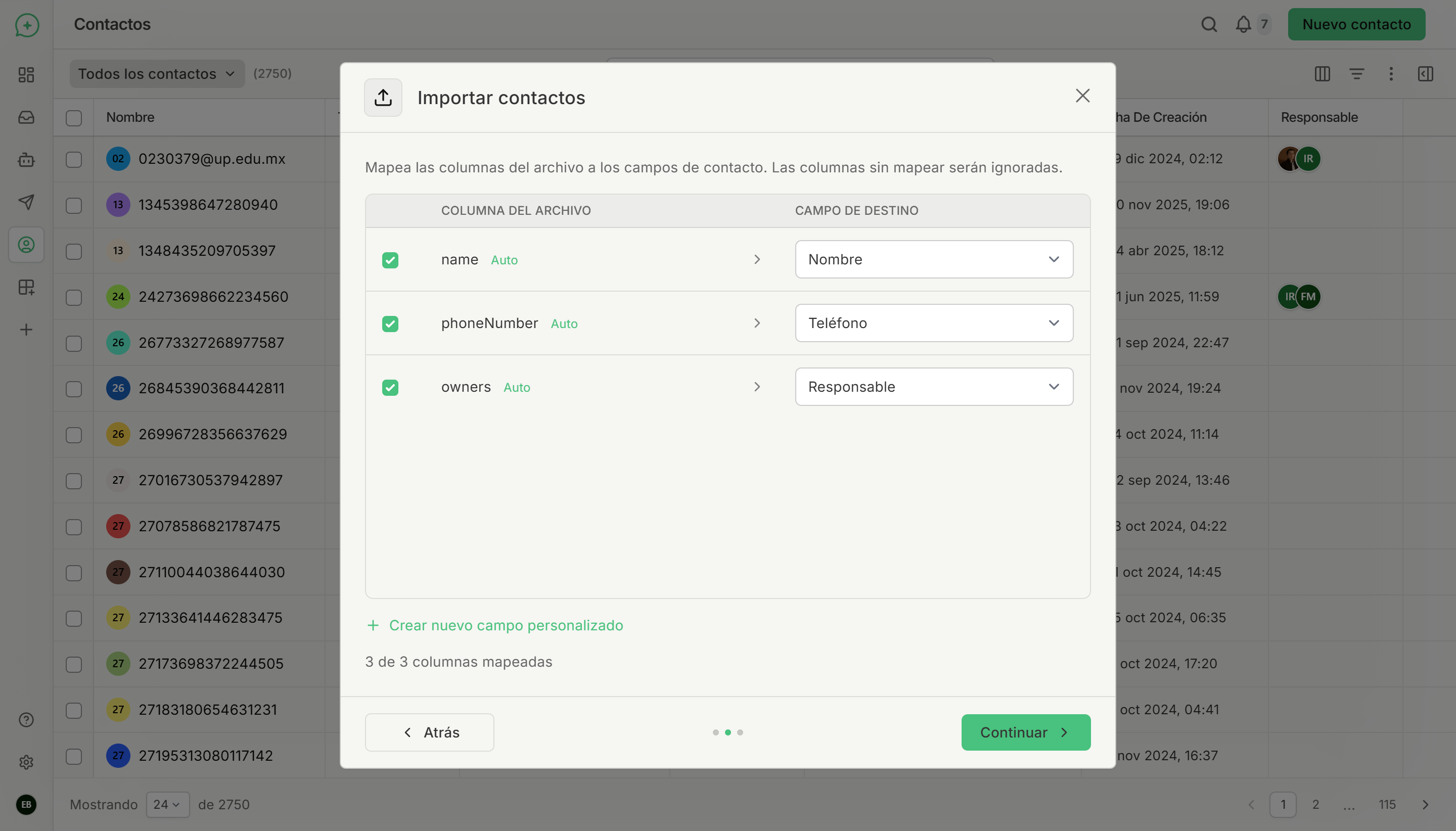 Modal de mapeo de columnas relacionando las columnas del archivo con los campos de destino