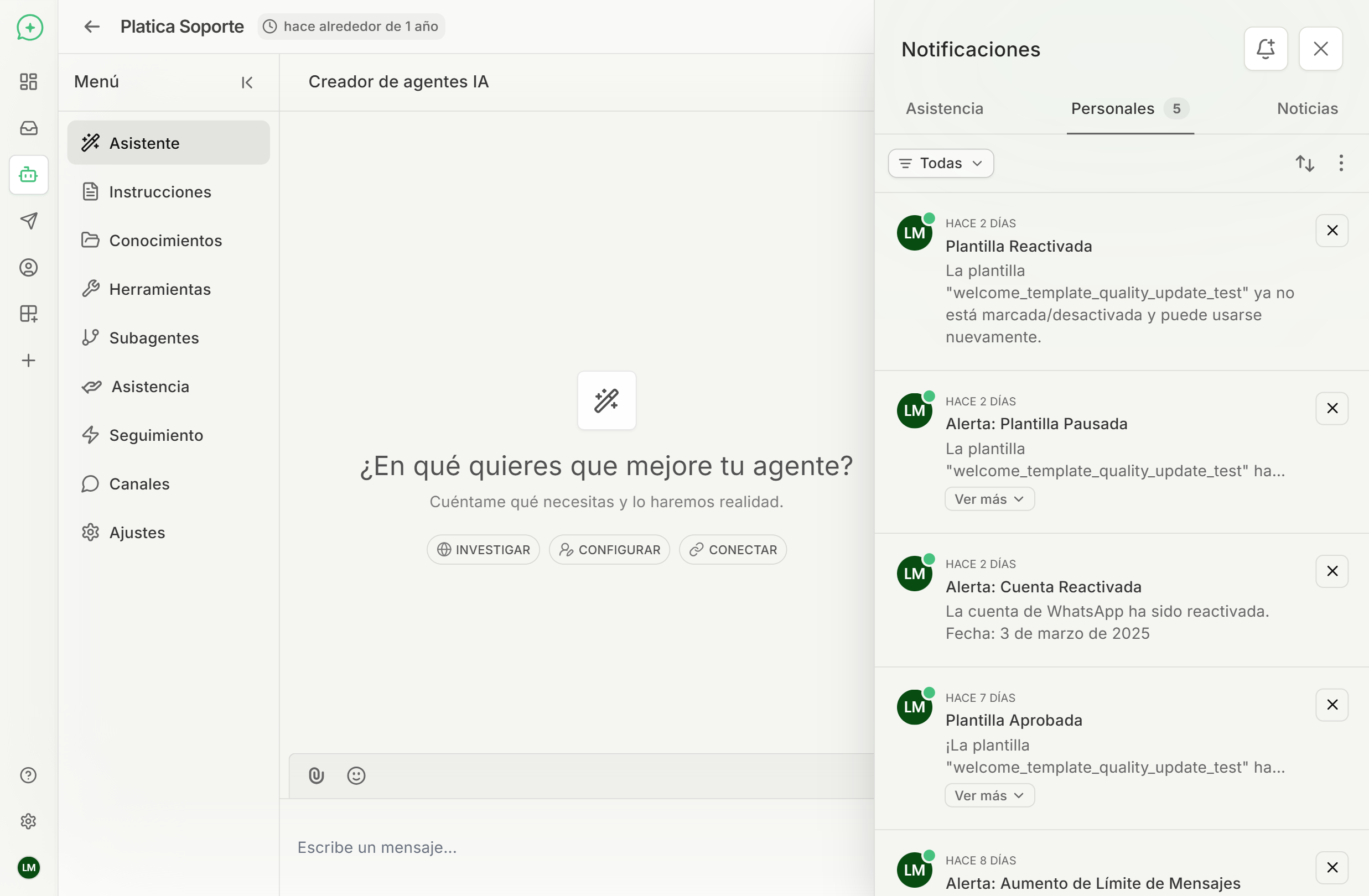 Interfaz de agentes mostrando el side bar de notificaciones personales con notificaciones de meta de meta