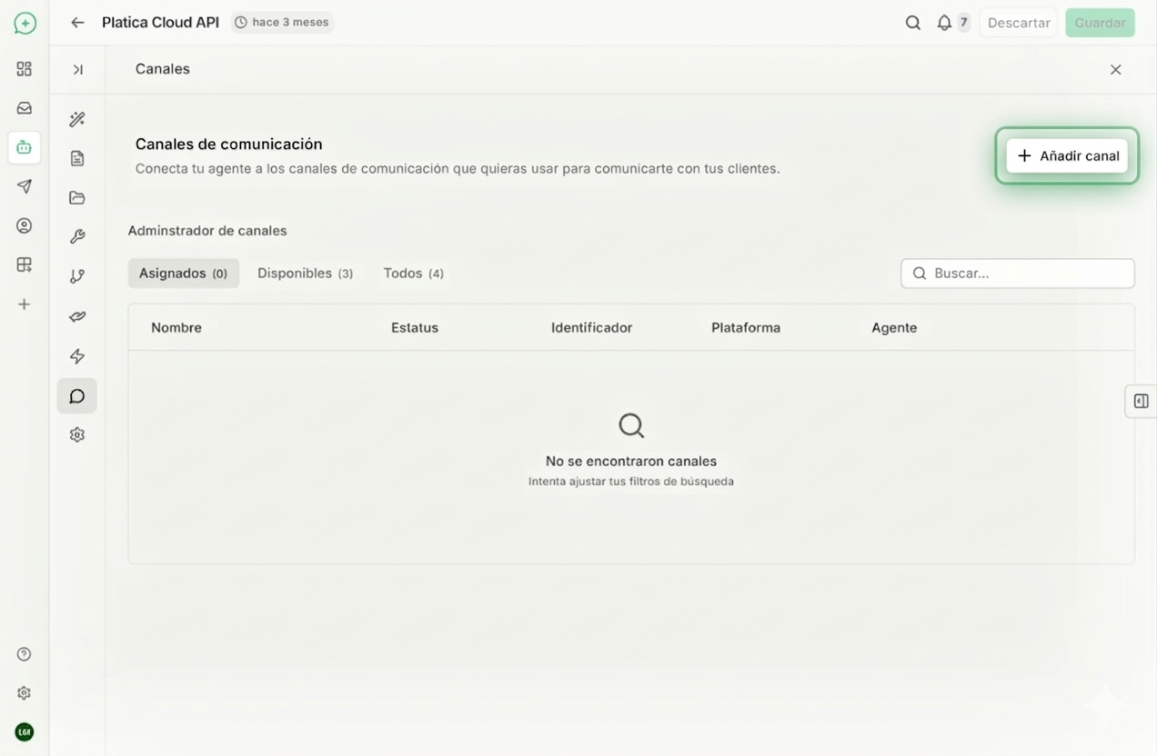 Pestaña de canales dentro de la configuración del agente