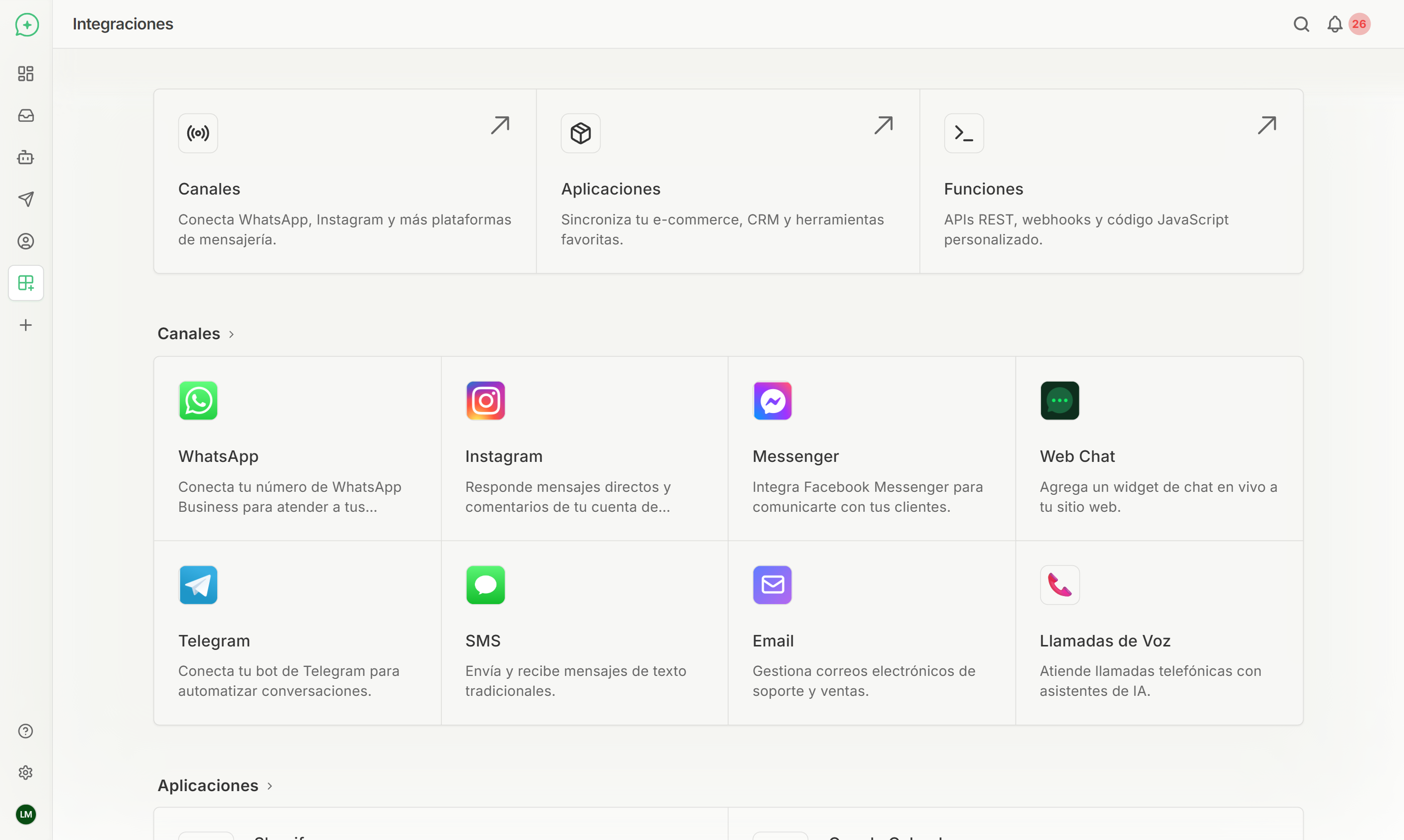 Interfaz principal mostrando la página de integraciones