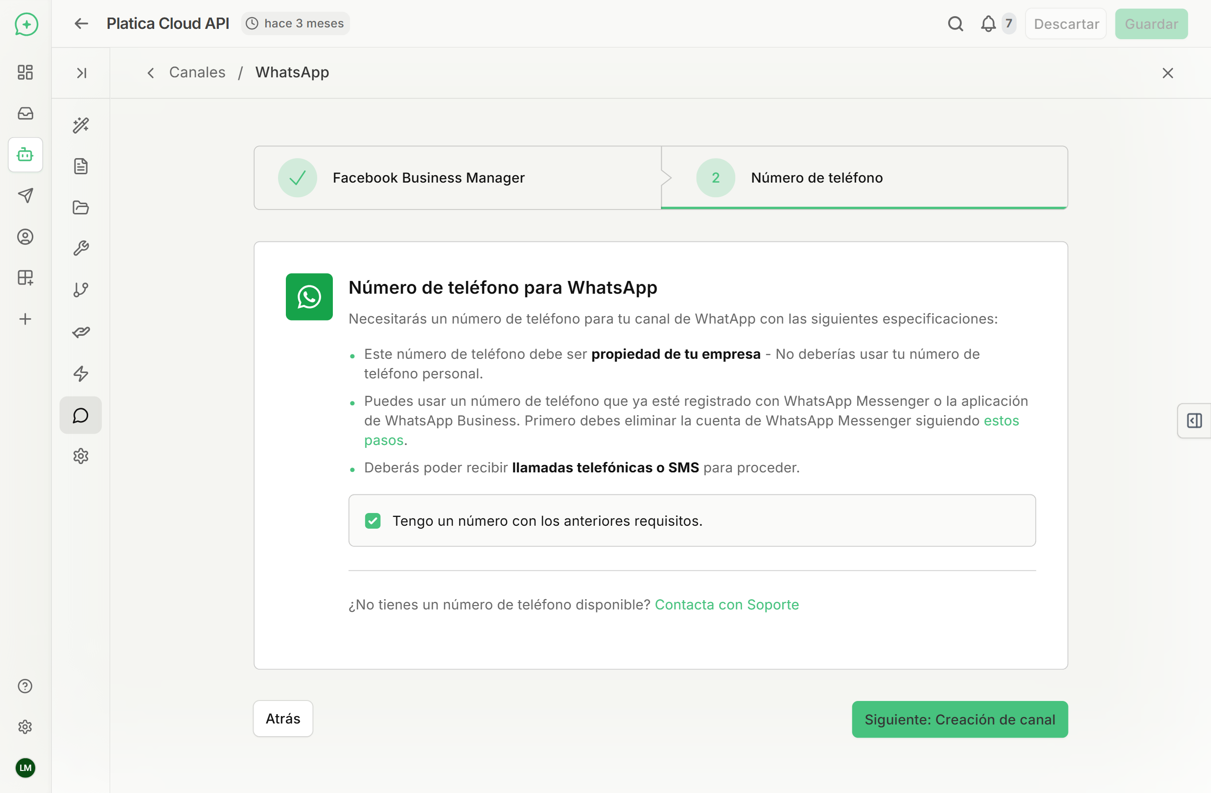 Pantalla de confirmación de requisitos del número de teléfono
