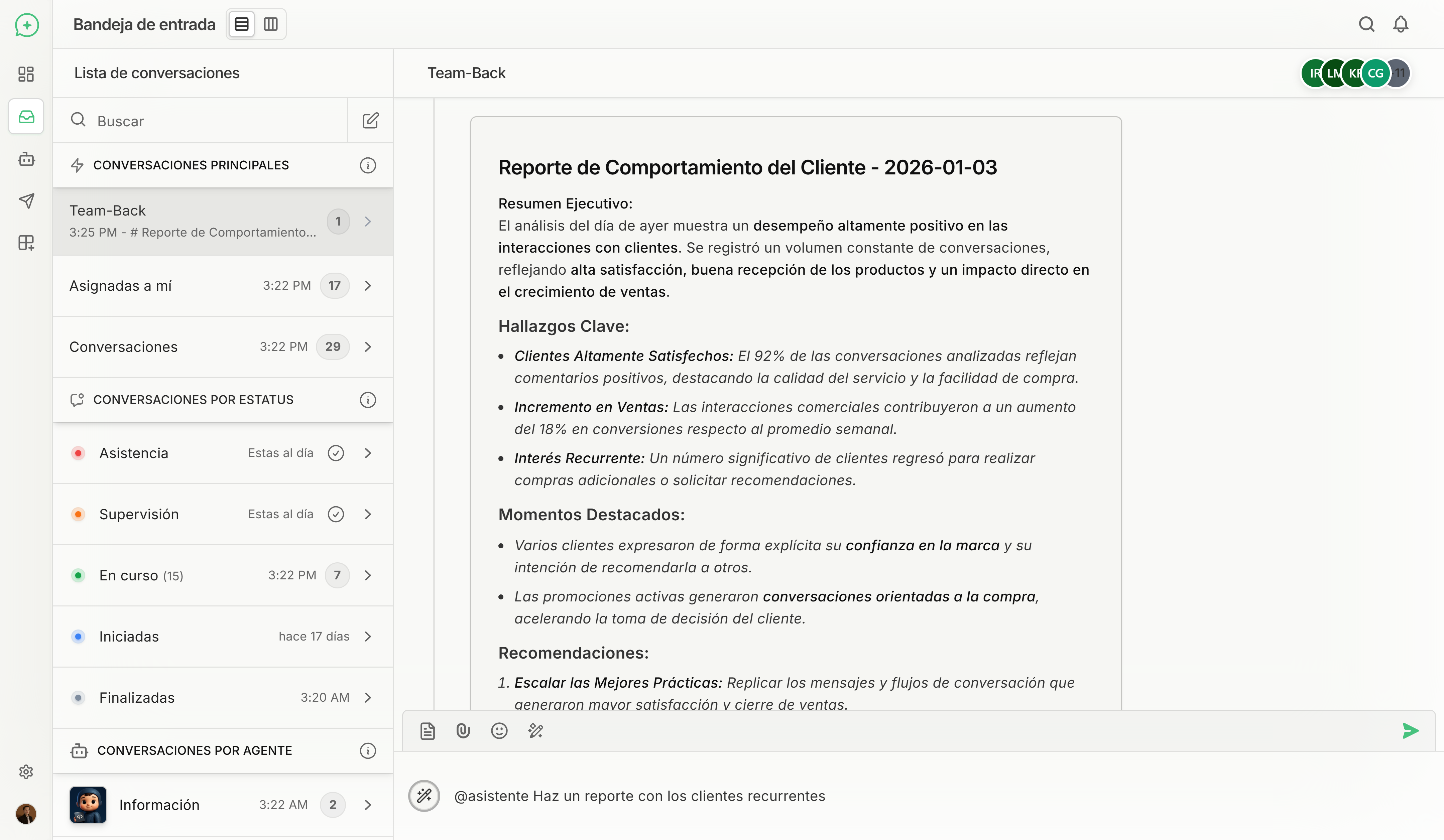 Interfaz de Team-Back mostrando el asistente y opciones de interacción